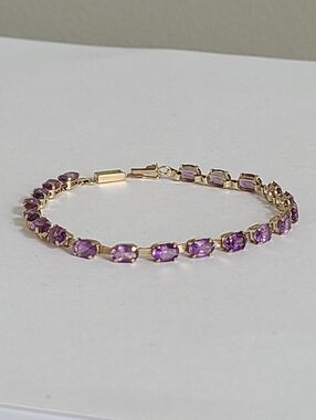 Vintage Luxury 10K Gold Purple Amethyst Oval Gemstone Boho Tennis Bracelet